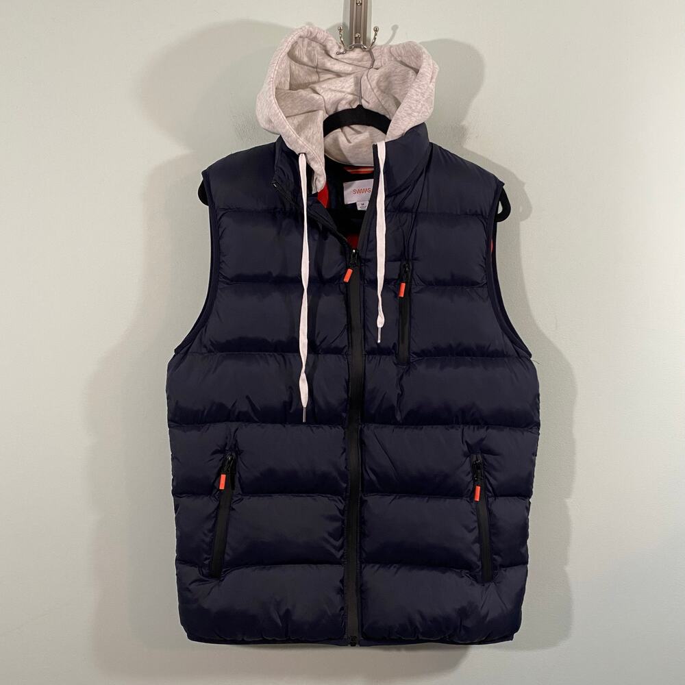 SWIMS Men Navy Full Zip Nylon Helg Hoodie Puffer Vest Size M